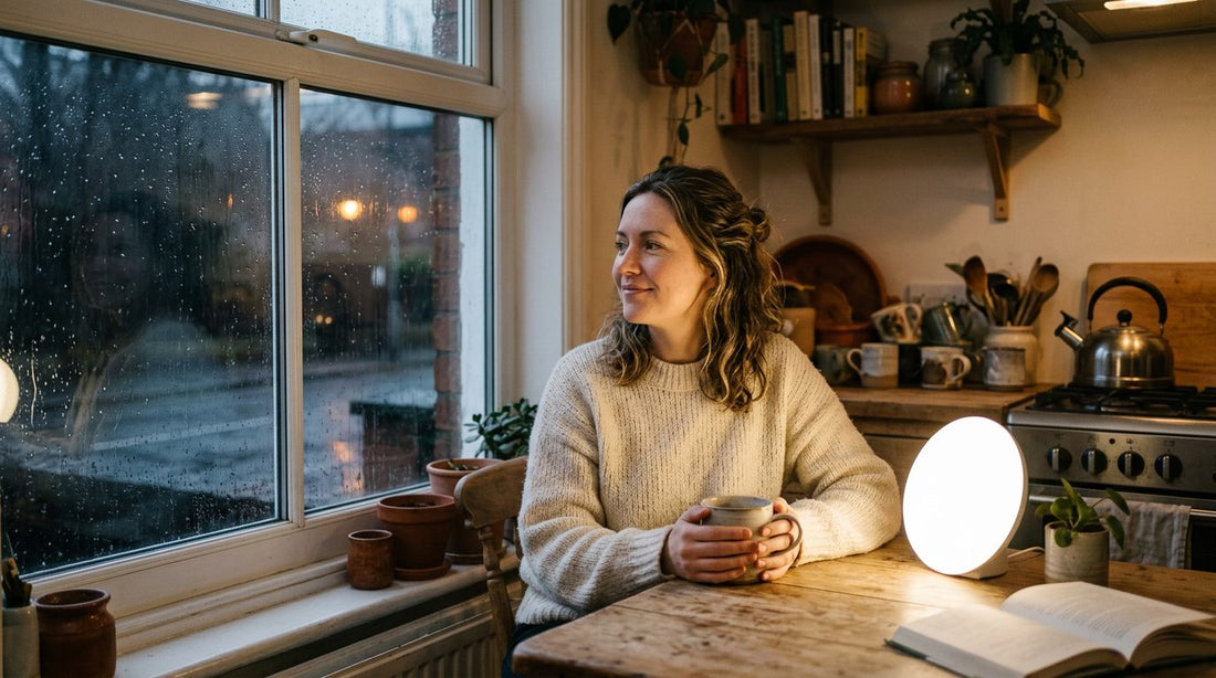 Woman at a kitchen table on a rainy winter morning next to a glowing SAD lamp
